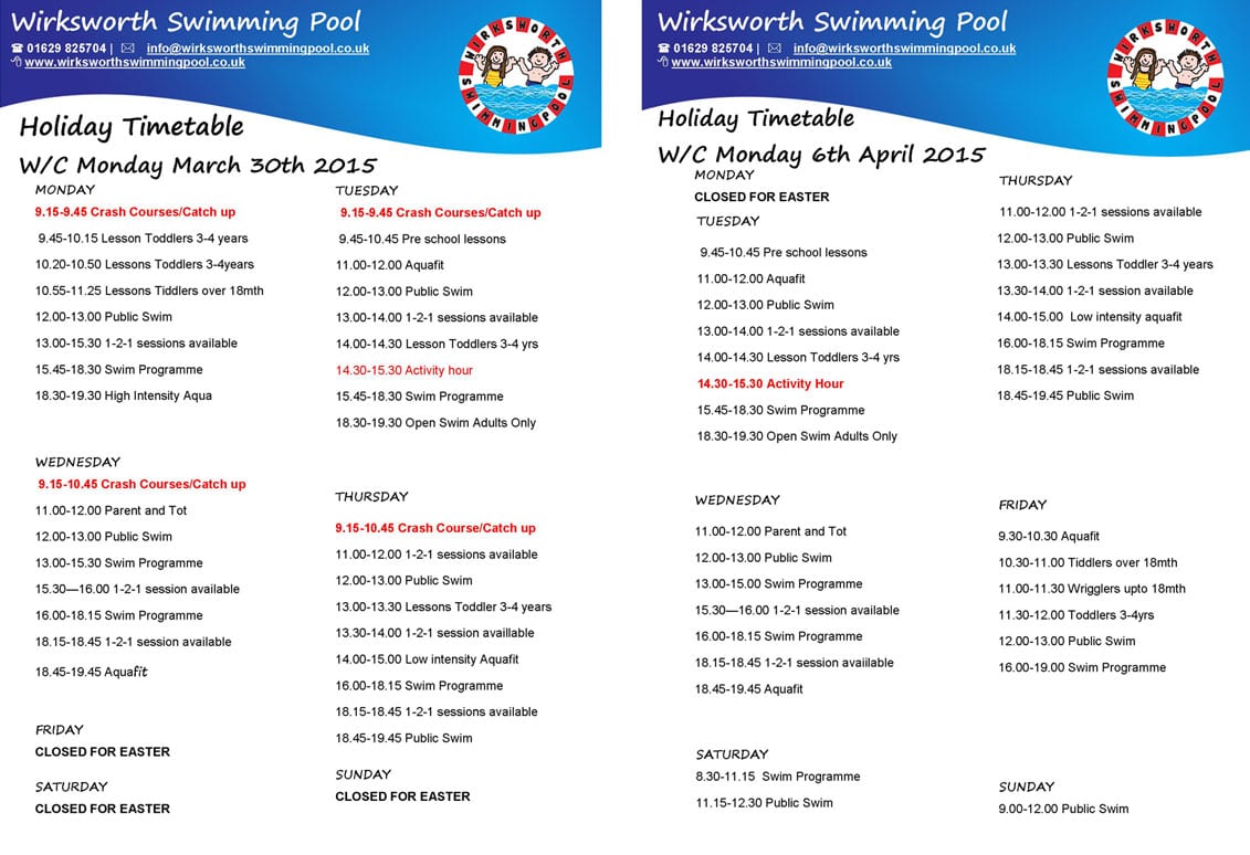 Easter Holiday 2015 Swim Timetable